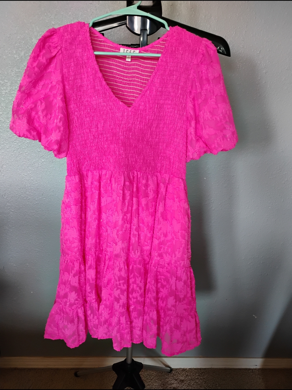 TCEC Neon Pink V-Neck Smocked Puff Sleeve Tiered Dress